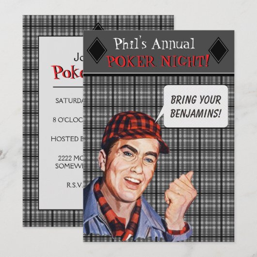 Phil's Retro Poker Night Invite Kaart (Voorkant / Achterkant)