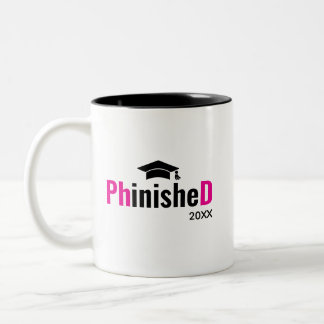 Phinished PhD Graduation Mug Custom Doctor Name  Tweekleurige Koffiemok