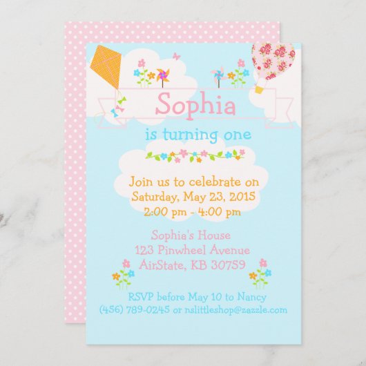 Phinwheels Airballon Kite Flower-uitnodiging Kaart (Voorkant / Achterkant)