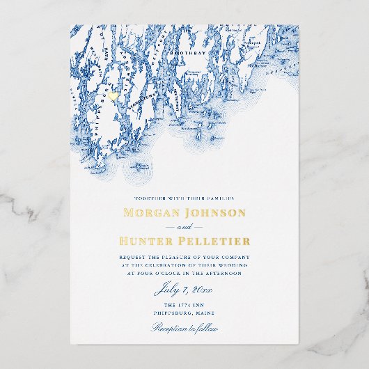 Phippsburg Maine Bruiloft Elegant Goud Folie Uitnodiging (Voorkant)