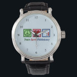 Phlebotomist Peace Love Phlebotomtomie Kantoor Horloge<br><div class="desc">Een coole Phlebotomist wristwatch kerstcadeau voor een expert in bloedzuigers en naalden. Een vredesteken,  hart en bloedflesjes. Peace Love Phlebotomy watch.</div>