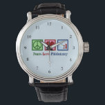 Phlebotomist Peace Love Phlebotomtomie Kantoor Horloge<br><div class="desc">Een coole Phlebotomist wristwatch kerstcadeau voor een expert in bloedzuigers en naalden. Een vredesteken,  hart en bloedflesjes. Peace Love Phlebotomy watch.</div>