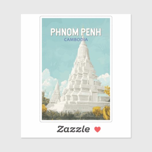 Phnom Penh Cambodja Illustratie Reizen Art Retro Sticker (Vel)