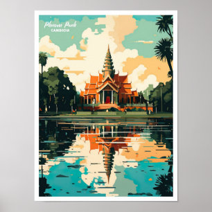 Phnom Penh Cambodja Vintage Reis Illustratie Poster