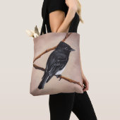 Phoebe op bruine tote bag (Dichtbij)