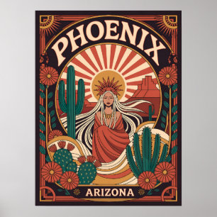 Phoenix Arizona Desert Art - Retro Boho Cactus Poster