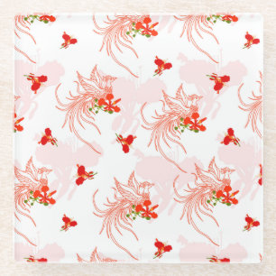 Phoenix Bird and Phoenix Flower Seamless Pattern Glazen Onderzetter