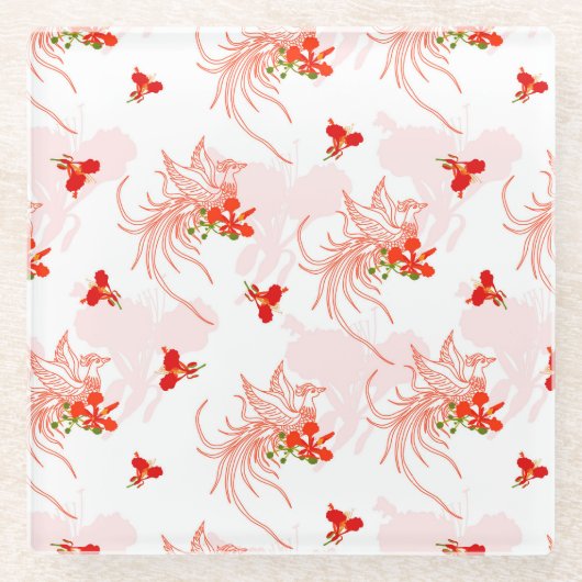 Phoenix Bird and Phoenix Flower Seamless Pattern Glazen Onderzetter (Voorkant)