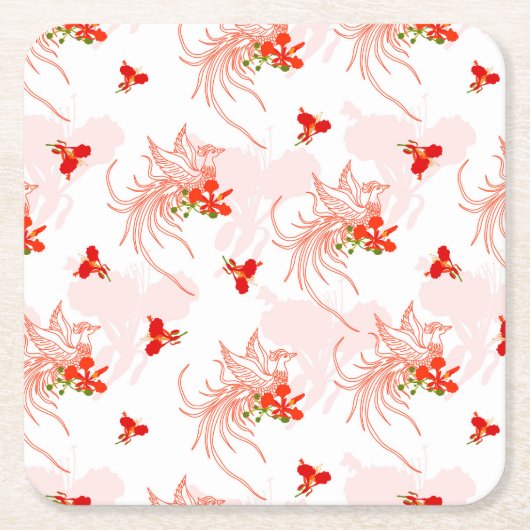 Phoenix Bird and Phoenix Flower Seamless Pattern Kartonnen Onderzetters (Voorkant)