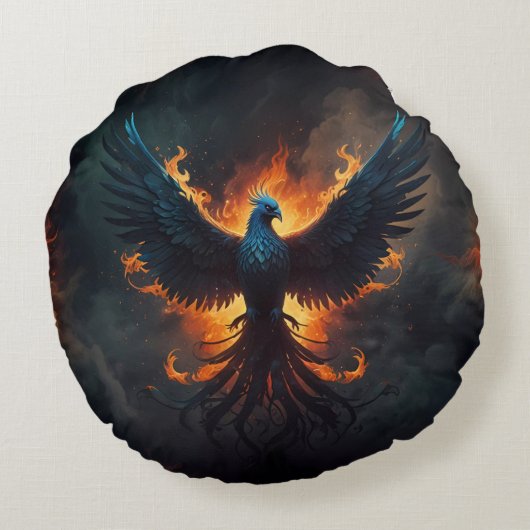 Phoenix Bird Rising met vlammen Rond Kussen (Achterkant)