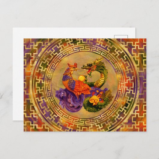 Phoenix en Dragon - kleur en goud Briefkaart (Voorkant / Achterkant)