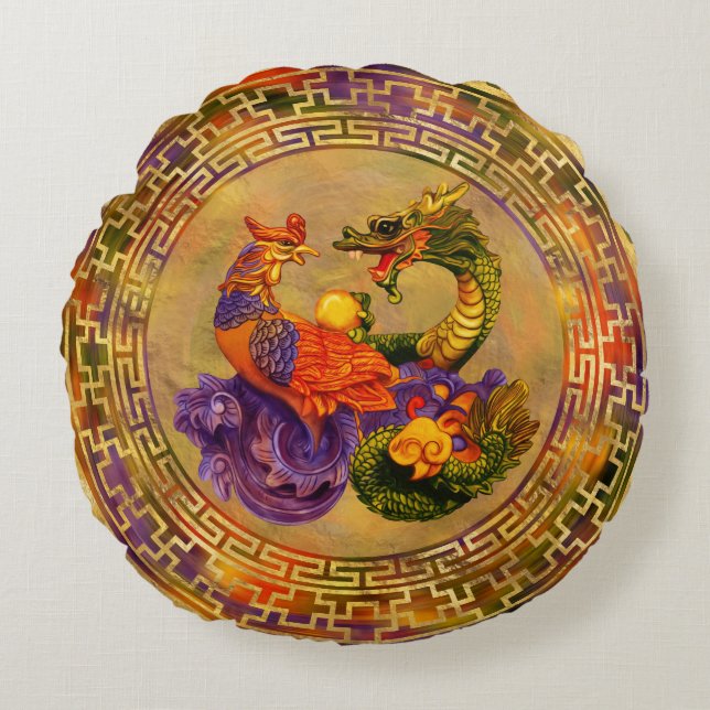 Phoenix en Dragon - kleur en goud Rond Kussen (Voorkant)