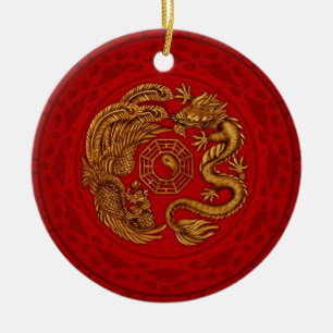 Phoenix en Dragon met bagua #4 Keramisch Ornament