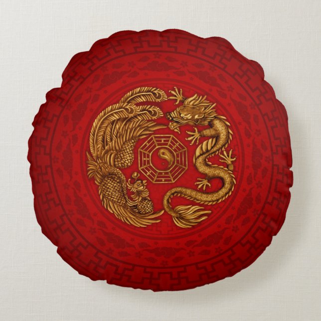 Phoenix en Dragon met bagua #4 Rond Kussen (Voorkant)