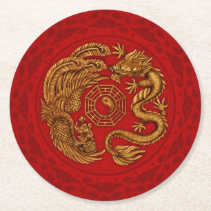 Phoenix en Dragon met bagua #4 Ronde Kartonnen Onderzetter