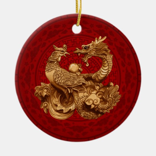 Phoenix en Dragon - op rood Keramisch Ornament (Voorkant)