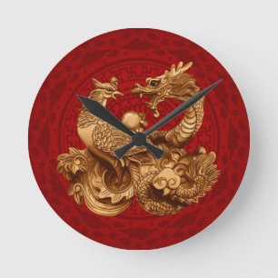 Phoenix en Dragon - op rood Ronde Klok