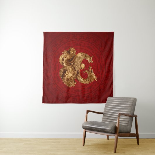 Phoenix en Dragon - op rood Wandkleed (In Situ (horizontaal))
