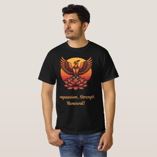 Phoenix Lotus Sunset – Compassion, Strength, Renew T-shirt (Voorkant volledig)