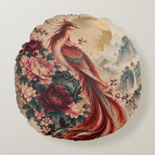 Phoenix met Pioenrozen en Kersenbloesems – Goud  Rond Kussen