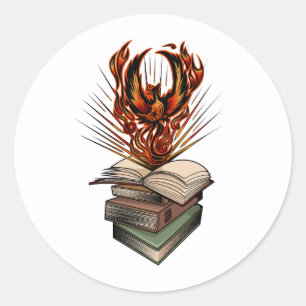 Phoenix Rijzend Boven Boeken Vlammen Fantasie Ronde Sticker