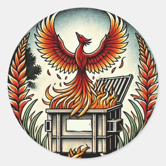 Phoenix rijzend uit de as van het vuilnisbakvuur   ronde sticker (Voorkant)