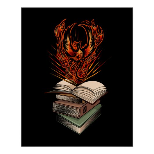 Phoenix rijzend uit de vlammen van boeken Fantasy Perfect Poster (Voorkant)