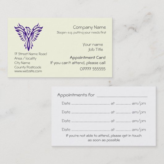 Phoenix Rising from Ashes, Appointment card Visitekaartje (Voorkant / Achterkant)