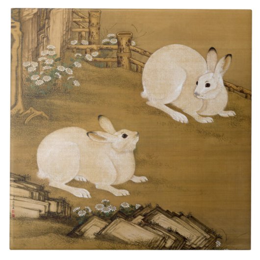 Phoenix Tree & Rabbits Antiek Chinees schilderij Tegeltje (Voorkant)