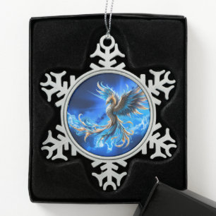 Phoenix van de saffierene dageraad tin sneeuwvlok ornament