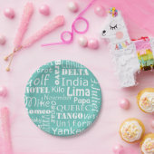 Phonetisch alfabet blauw en wit papieren bordje (Feest)