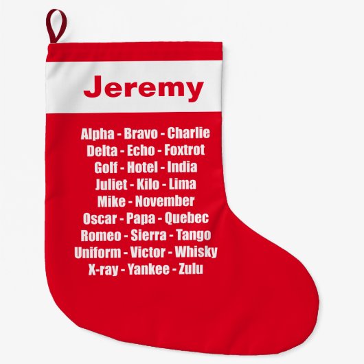 Phonetisch alfabet Novelty Red en White Grote Kerstsok (Voorkant)