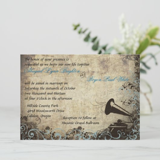 Phonograph Huwelijksuitnodiging Licht Blauw Kaart (Staand voorkant)