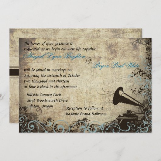 Phonograph Huwelijksuitnodiging Licht Blauw Kaart (Voorkant / Achterkant)