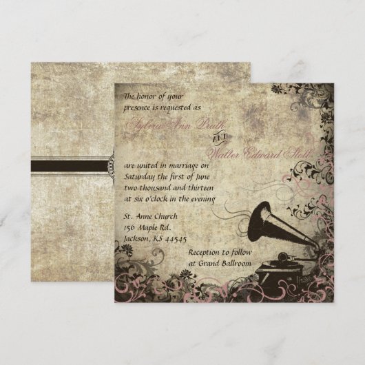 Phonograph Vintage Huwelijksuitnodiging Roze Kaart (Voorkant / Achterkant)