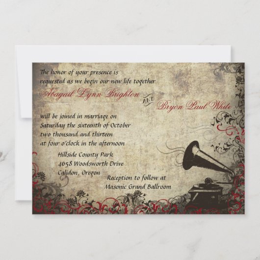 Phonograph Vintage Wedding Invitation Red Kaart (Voorkant)