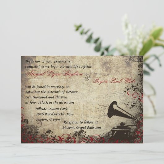 Phonograph Vintage Wedding Invitation Red Kaart (Staand voorkant)
