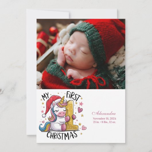 Photo 1st Baby Christmas Pink Gold Unicorn Feestdagenkaart (Voorkant)