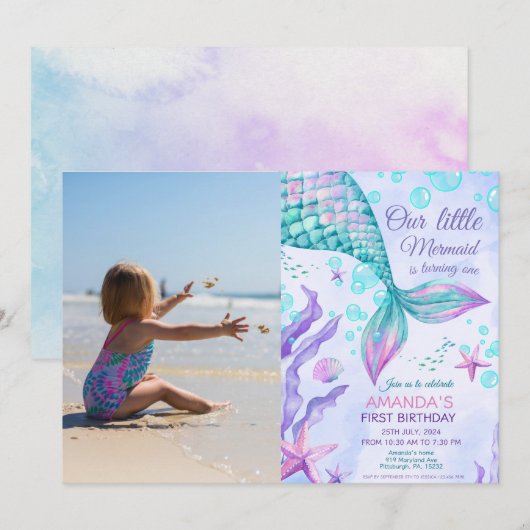 Photo 1st Birthday Under The Sea Mermaid Party Kaart (Voorkant / Achterkant)