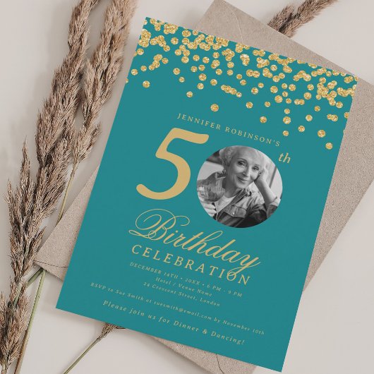 Photo 50th Birthday Gold Confetti Turquoise Kaart