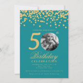 Photo 50th Birthday Gold Confetti Turquoise Kaart (Voorkant)