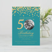 Photo 50th Birthday Gold Confetti Turquoise Kaart (Staand voorkant)
