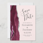 Photo Agate Burgundy Silver Blush Save the Date Kaart (Voorkant)