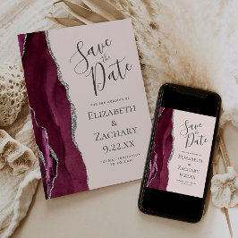 Photo Agate Burgundy Silver Blush Save the Date Kaart