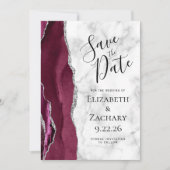 Photo Agate Burgundy Silver Marble Save the Date Kaart (Voorkant)