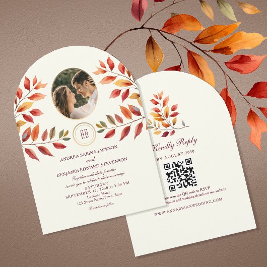 Photo and QR Code Fall Wedding Kaart