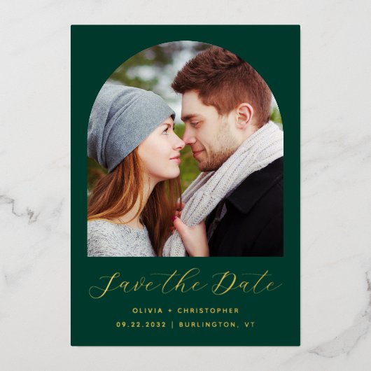 Photo Arch Emerald Green Gold Bewaar de datum Folie Uitnodiging (Voorkant)