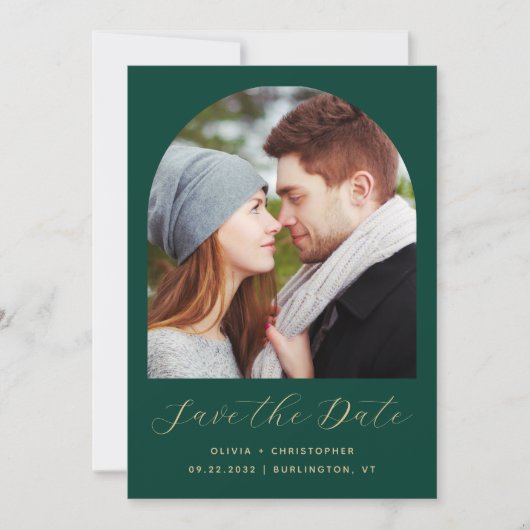 Photo Arch QR Code Emerald Green Gold Script Save The Date (Voorkant)