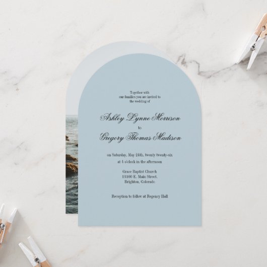 Photo Arch Shaped teal Wedding Invitation Kaart (Voorkant / Achterkant in situ)