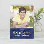 PHOTO BAR MITZVAH modern blauw waterverf goudtype Kaart (Staand voorkant)